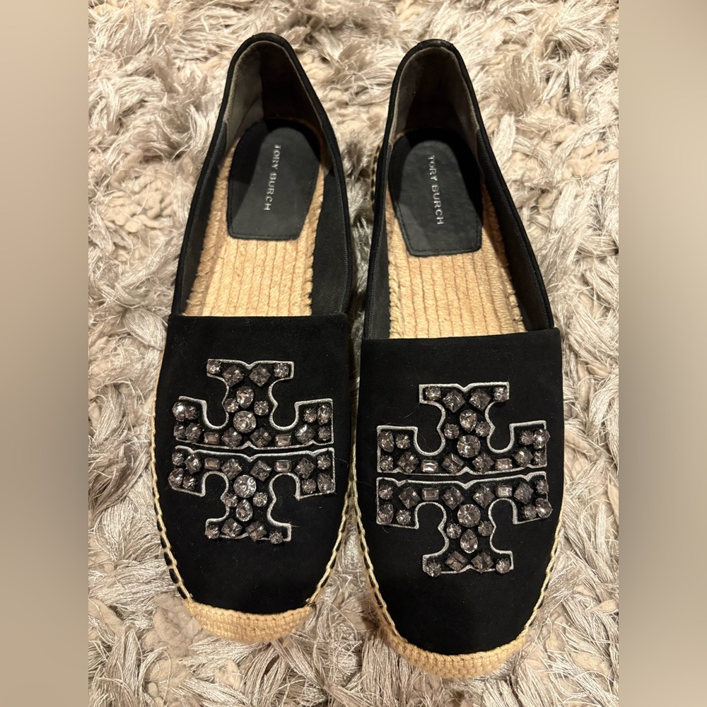 Tory Burch Embellished Espadrille in Black suede size 8
